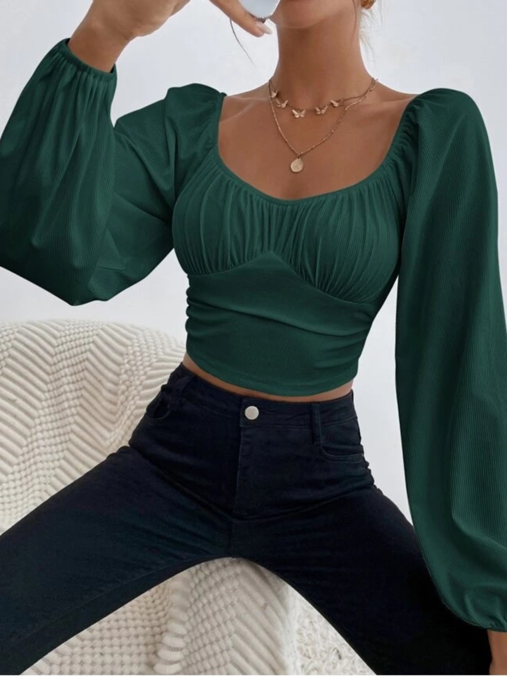 Elegant Square Neck Long Sleeve Top in Deep Green